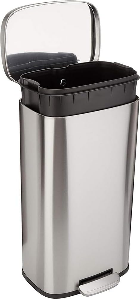 Amazon Basics Smudge Resistant Small Rectangular Trash Can With Soft-Close Foot Pedal, Brushed Stainless Steel, 12 Liter/3.1 Gallon, Satin Nickel Finish, 11.3"L x 9.9"W x 15.1"H