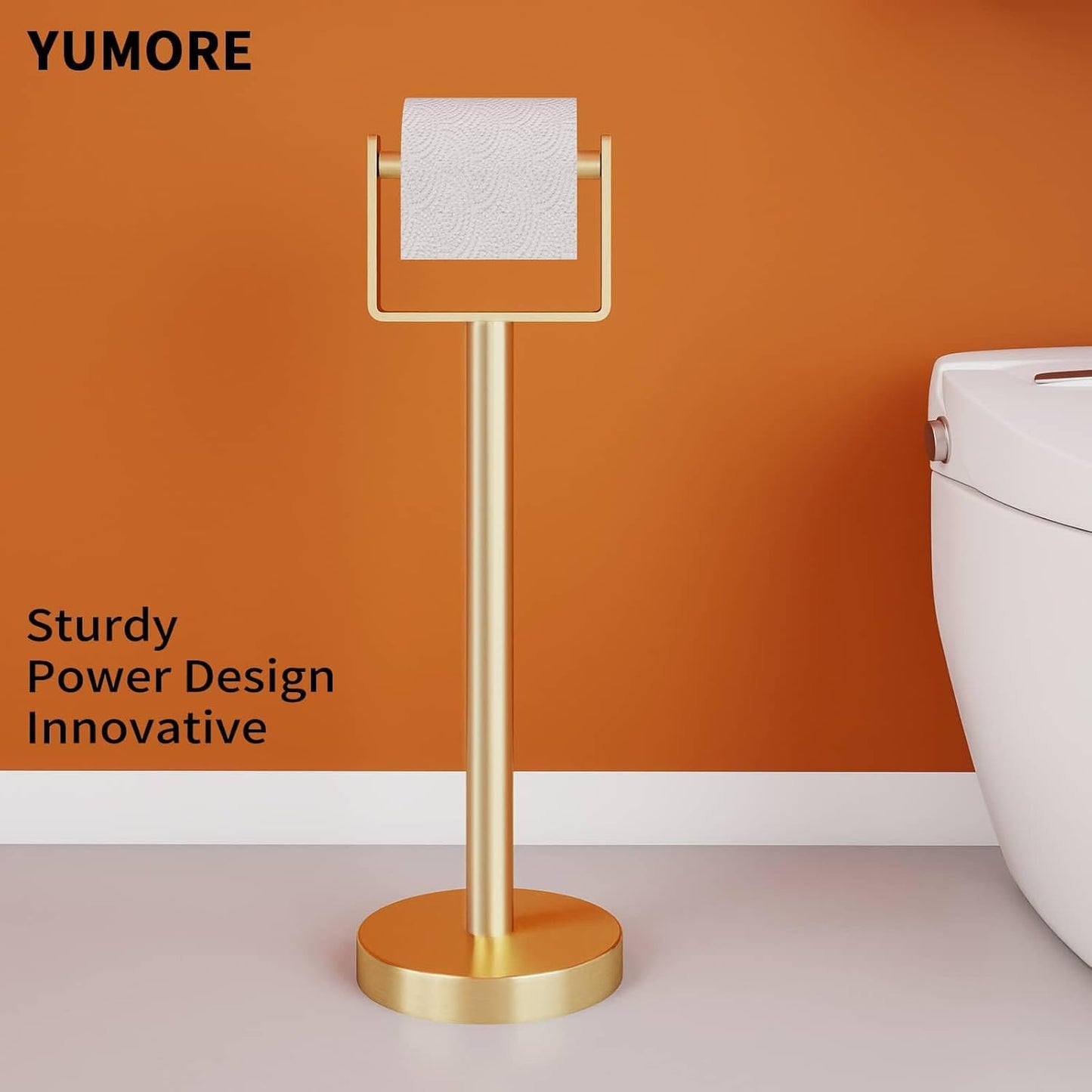 YUMORE Toilet Paper Holder Free Standing, Stainless Steel Toilet Paper Stand, Weighted Base Floor Tissue Roll Holder for Bathroom,Gold 200UP