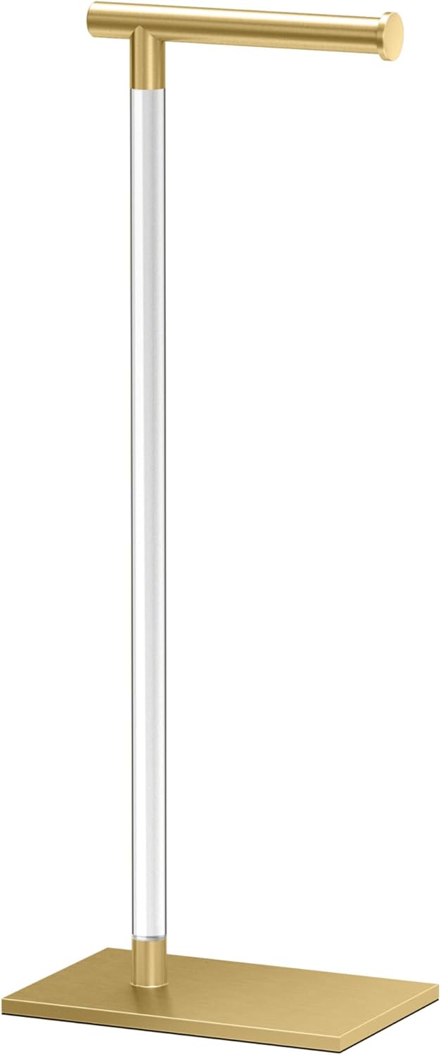 Gatco 1331B Modern Rectangle Base Freestanding Toilet Paper Holder 22.25" Brushed Brass/Acrylic with Weighted Base