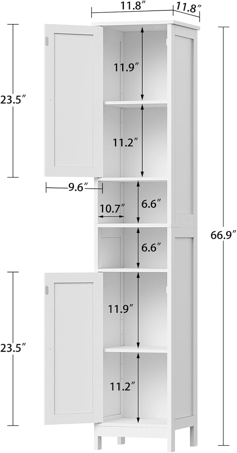 TEENFON 67" Tall Bathroom Cabinet with Adjustable Shelves and Doors, Narrow Bathroom Storage Cabinet for Small Space, Living Room, Entryway, Kitchen, White