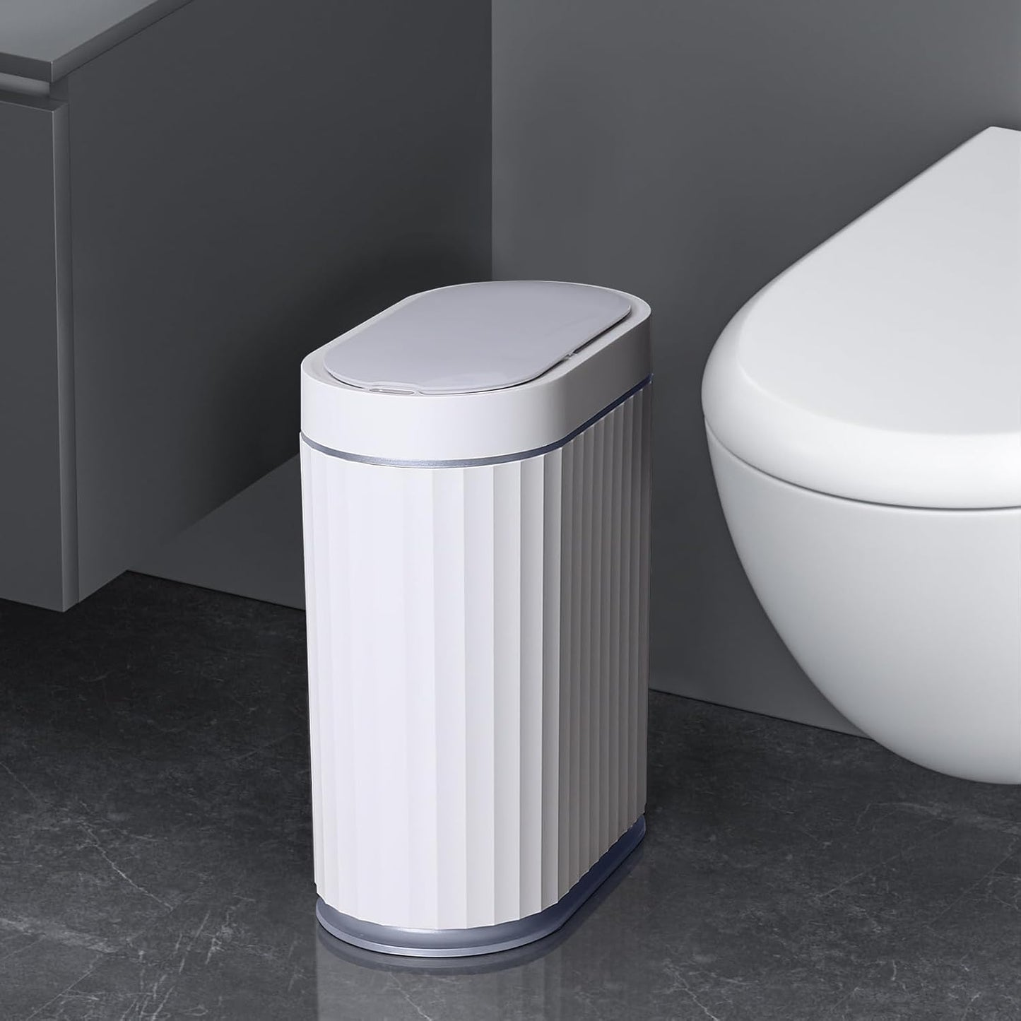 ELPHECO Automatic Motion Sensor Trash Can - 2 Gallon Slimline for Bathroom, Bedroom, Kitchen, Office - White with Gold Trim