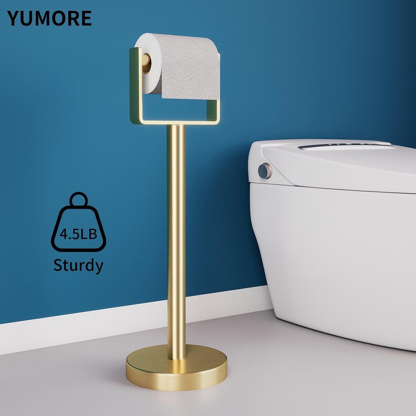 YUMORE Toilet Paper Holder Free Standing, Stainless Steel Toilet Paper Stand, Weighted Base Floor Tissue Roll Holder for Bathroom,Gold 200UP
