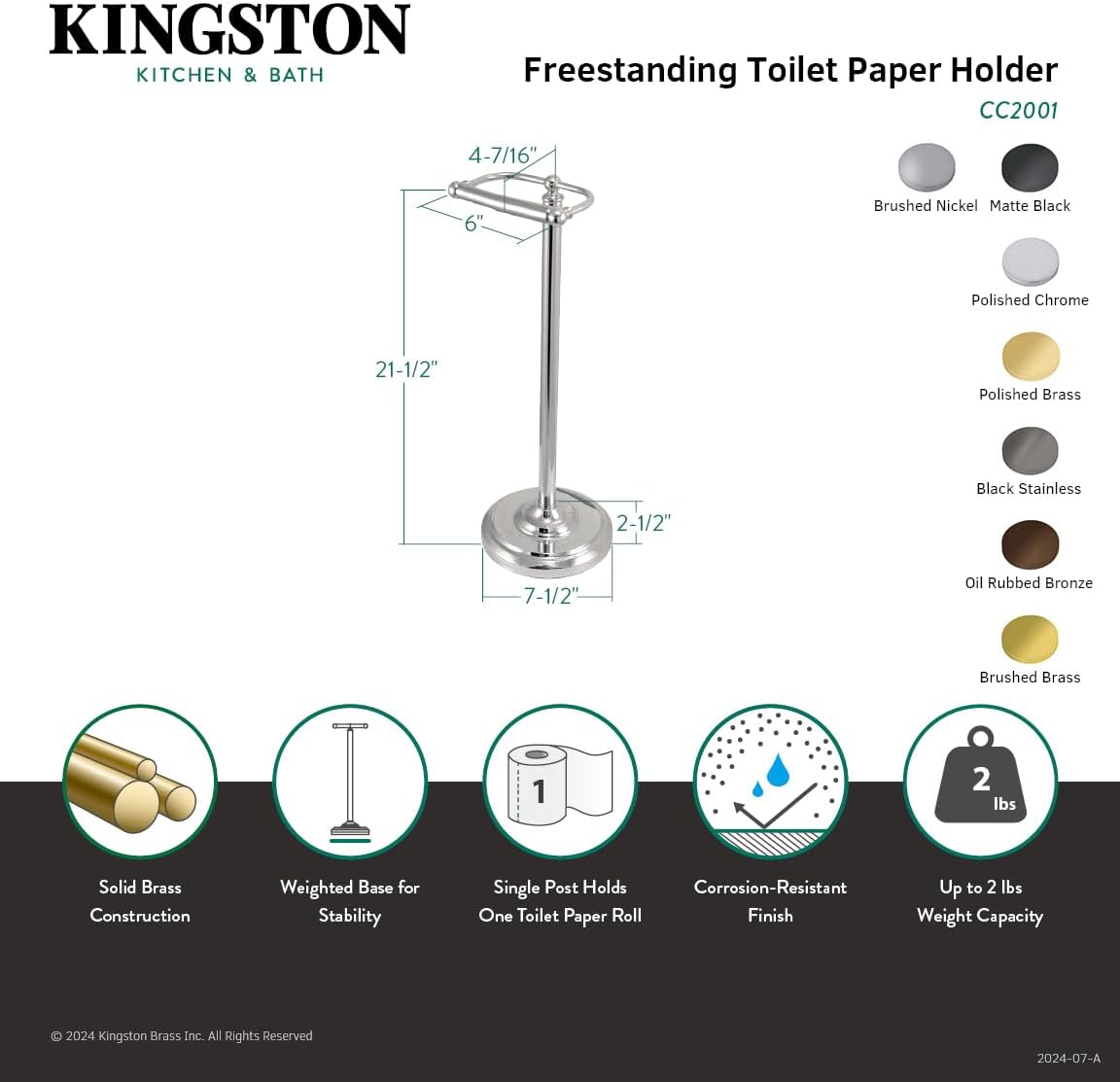 Kingston Brass CC2008 Classic Pedestal Paper Holder, Brushed Nickel,21-1/2" Length