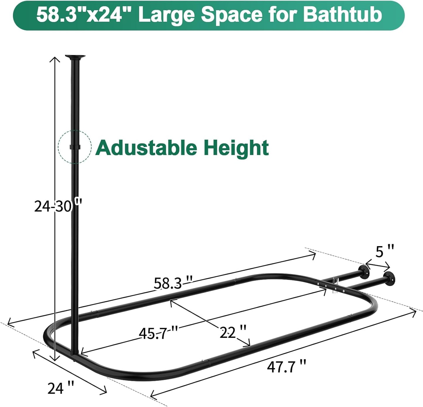 PrettyHome Shower Curtain Rod Hoop Square Shape Bathroom Heavy Duty No Rust Oval Shower Rod 58.3"x24" for Clawfoot Tub,for Free Standing Tubs Black