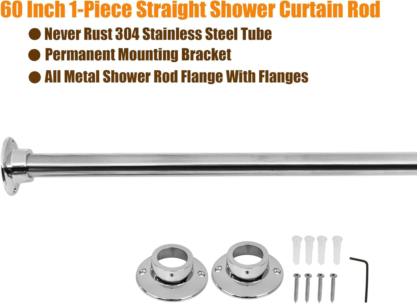 Artiwell 60" Heavy Duty Straight Shower Rod With Shower Rod Flange, Permanent Mount Shower Curtain Rod With Screws Bracket, Never Rust Stainless Steel, Window Curtain and Closet Rod, Chrome Plated