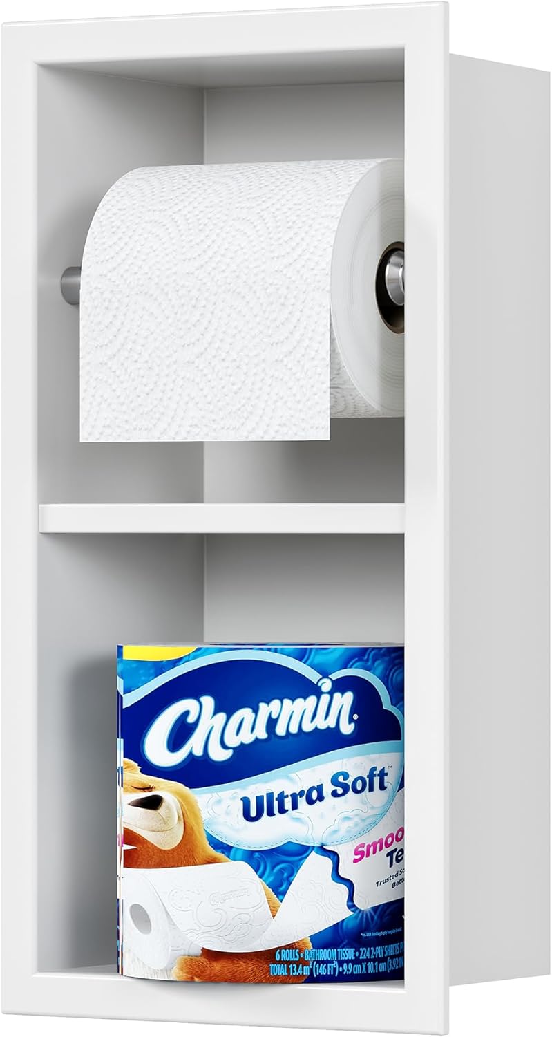 Recessed Toilet Paper Holder, 304 Stainless Steel Bathroom Toilet Paper Holder with Storage, in Wall Tissue Toilet Roll Holder, Matte Black
