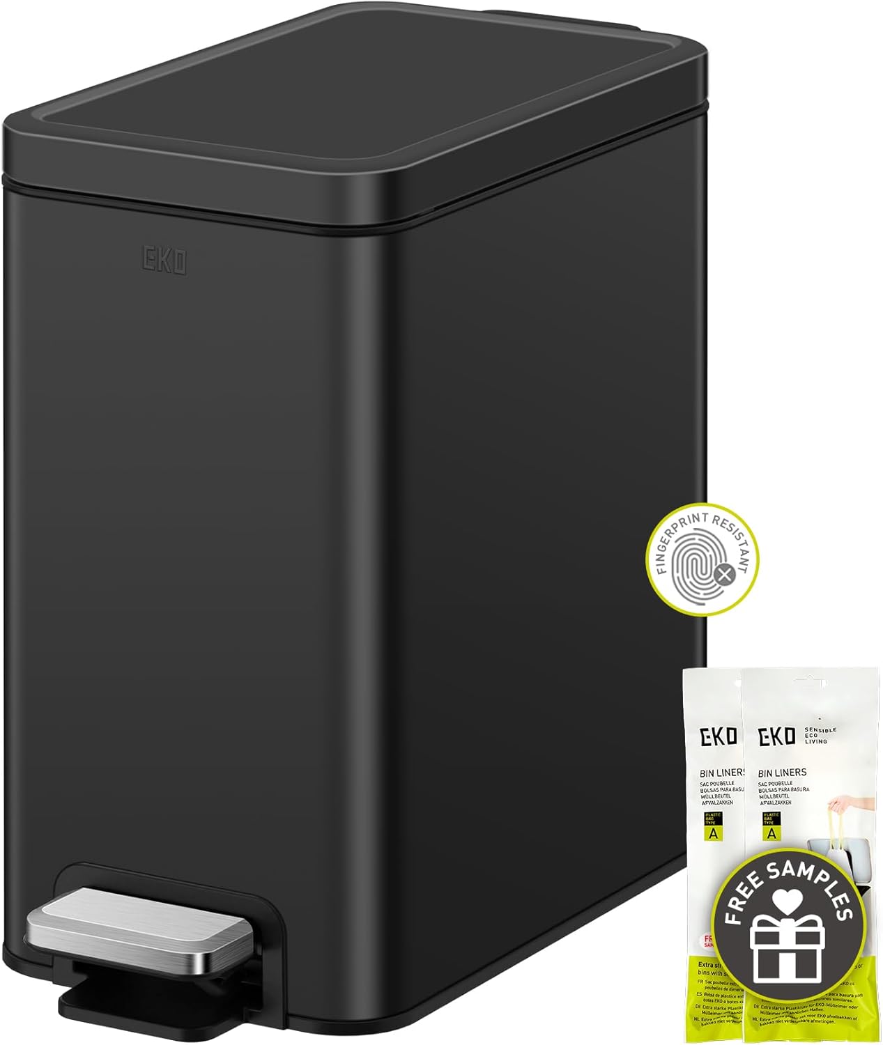 EKO Slim Small Bathroom Trash Can with Lid, Stainless Steel Kitchen Garbage Can with Removable Inner Bucket, 6L / 1.6 Gal 2 Pack Step On Trash Can Combo