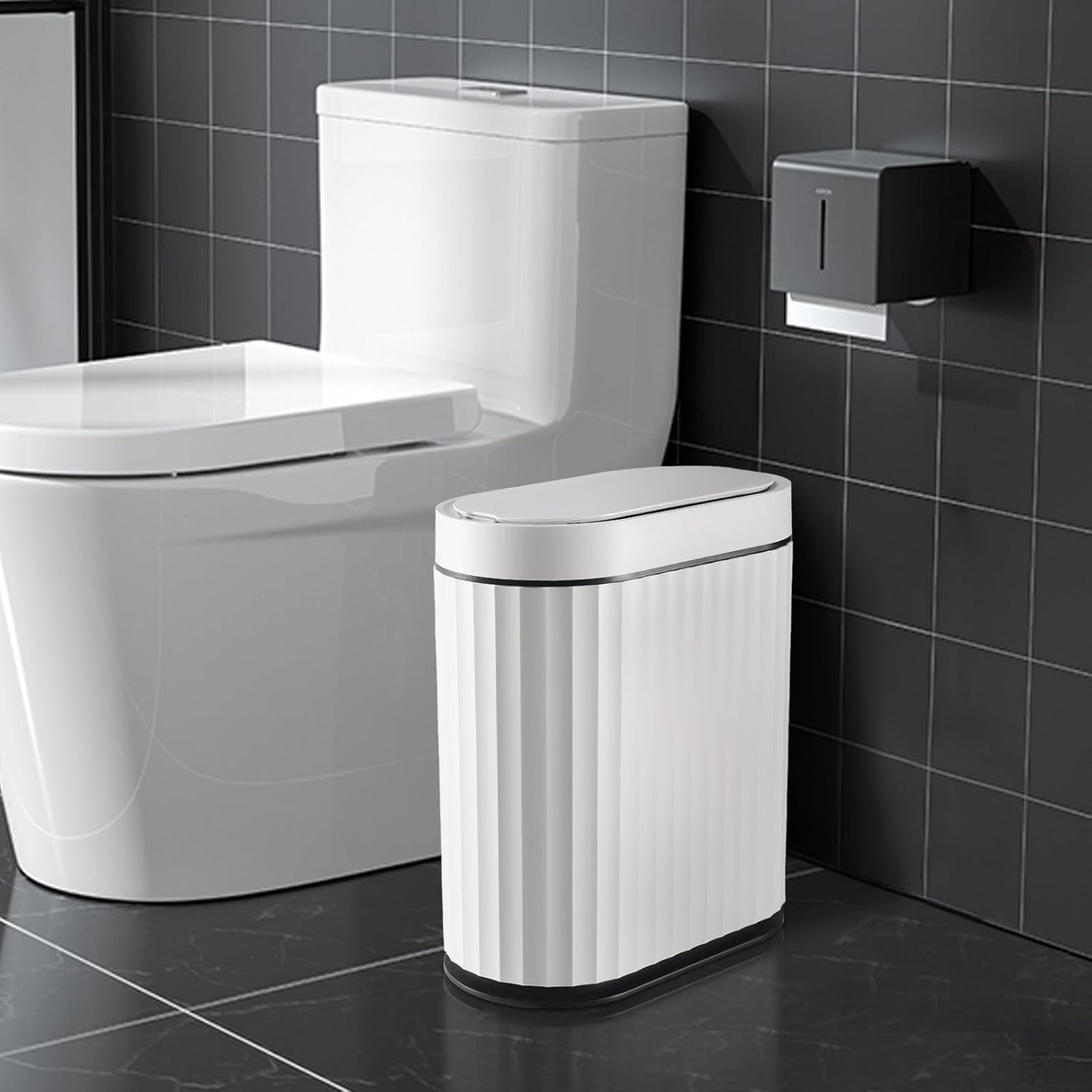 ELPHECO Automatic Motion Sensor Trash Can - 2 Gallon Slimline for Bathroom, Bedroom, Kitchen, Office - White with Gold Trim