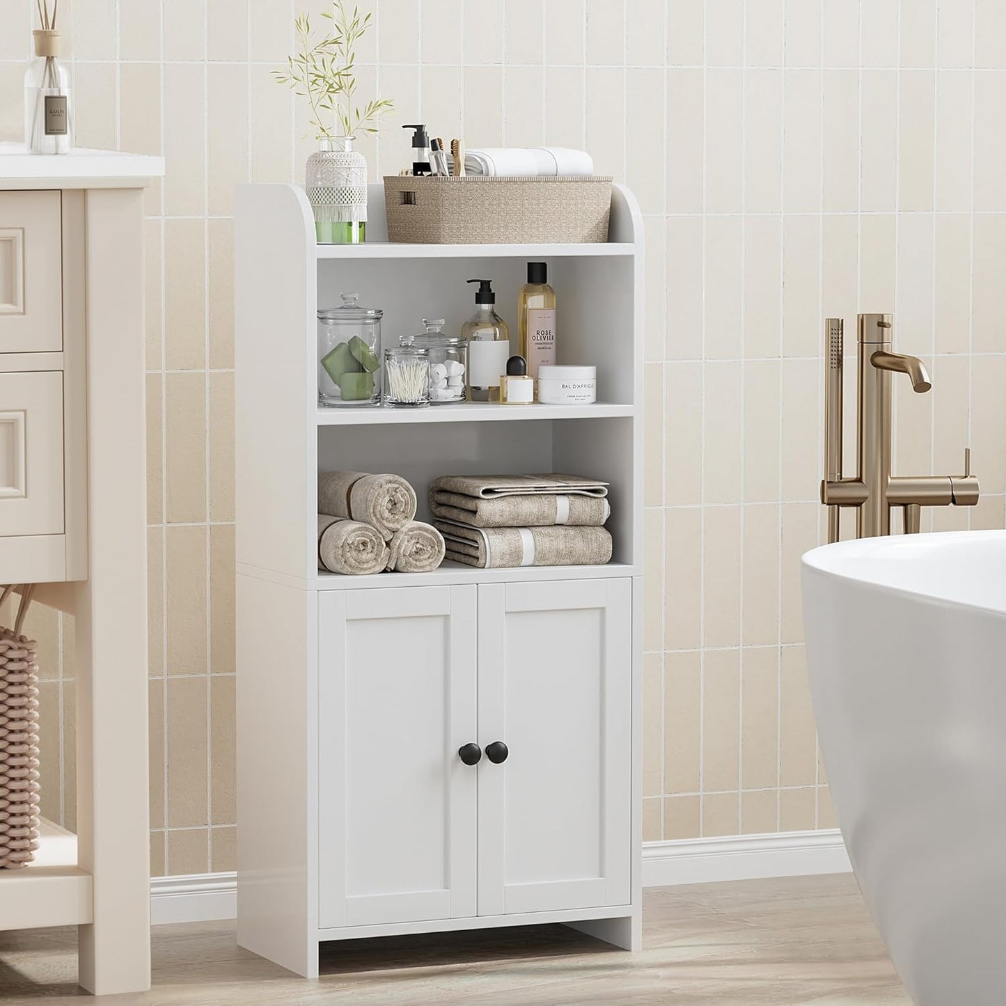 Homhedy Small Bathroom Storage Cabinet, Freestanding Toilet Paper Storage with 2 Doors and Shelves, Bathroom Organizers and Storage for Small Spaces, Laundry Room, 7.9" D x 14.6" W x 31" H, White