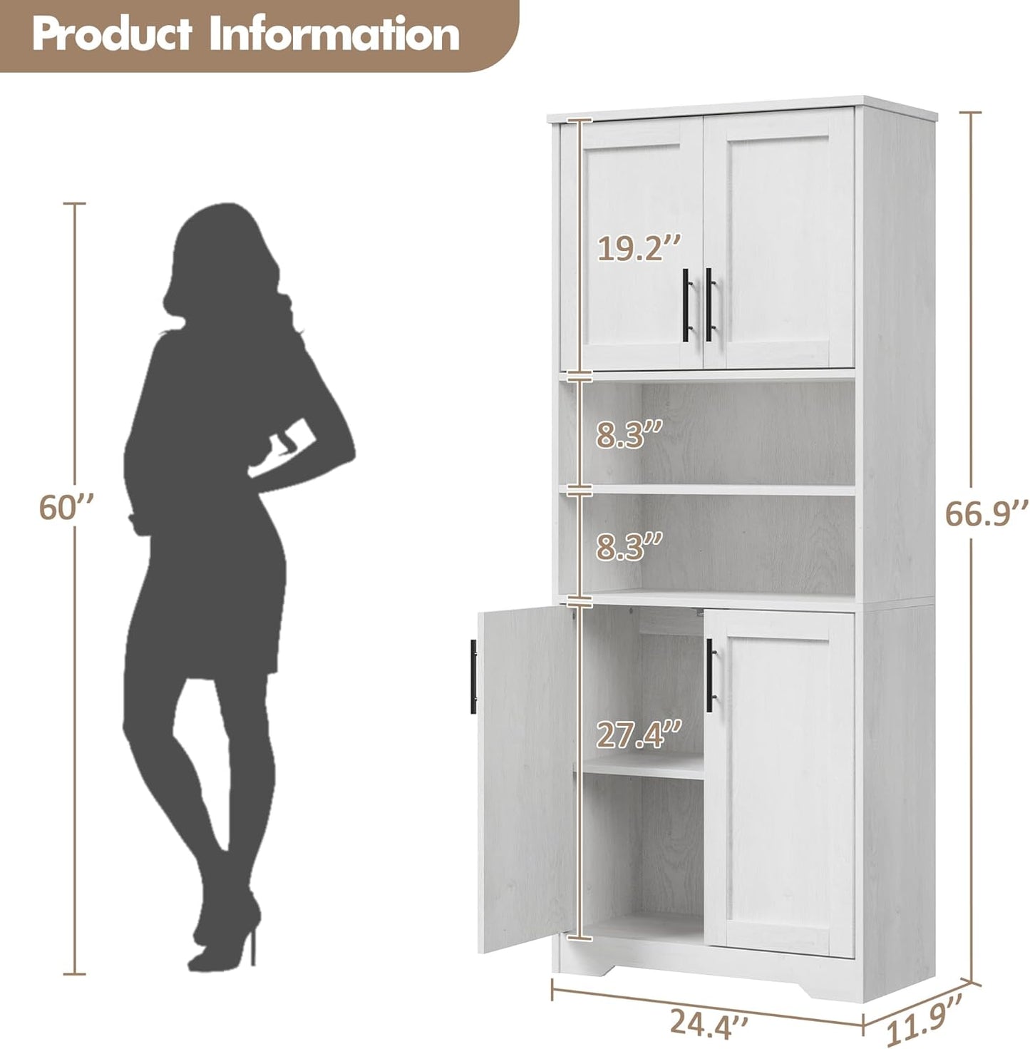 IDEALHOUSE Tall Bathroom Cabinet, Freestanding Bathroom Storage Cabinet with 4 Doors and Adjustable Shelves, 67" Cupboard Modern Storage Cabinet for Kitchen, Pantry, Living Room, Antique White
