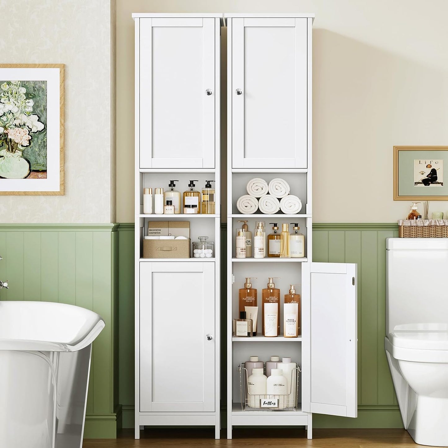 TEENFON 67" Tall Bathroom Cabinet with Adjustable Shelves and Doors, Narrow Bathroom Storage Cabinet for Small Space, Living Room, Entryway, Kitchen, White