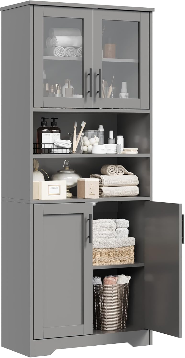 IDEALHOUSE Tall Bathroom Cabinet, Freestanding Bathroom Storage Cabinet with 4 Doors and Adjustable Shelves, 67" Cupboard Modern Storage Cabinet for Kitchen, Pantry, Living Room, Antique White