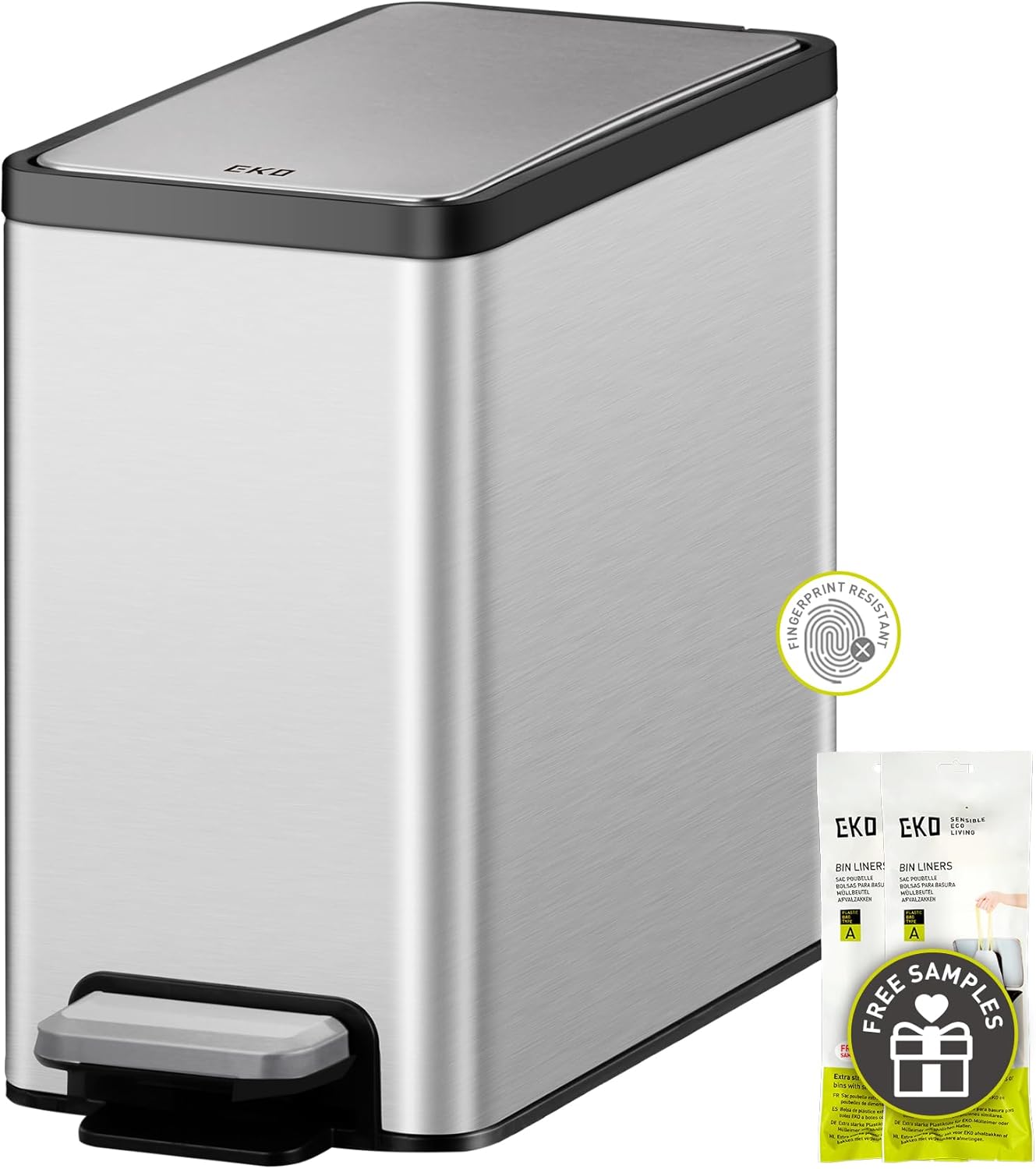 EKO Slim Small Bathroom Trash Can with Lid, Stainless Steel Kitchen Garbage Can with Removable Inner Bucket, 6L / 1.6 Gal 2 Pack Step On Trash Can Combo