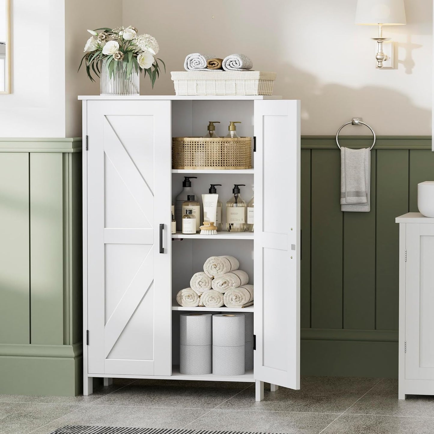 Farmhouse Bathroom Cabinet with Adjustable Shelves, Free-Standing Storage Cabinet with Barn Doors, for Kitchen, Living Room, Dining Room, Entryway, White