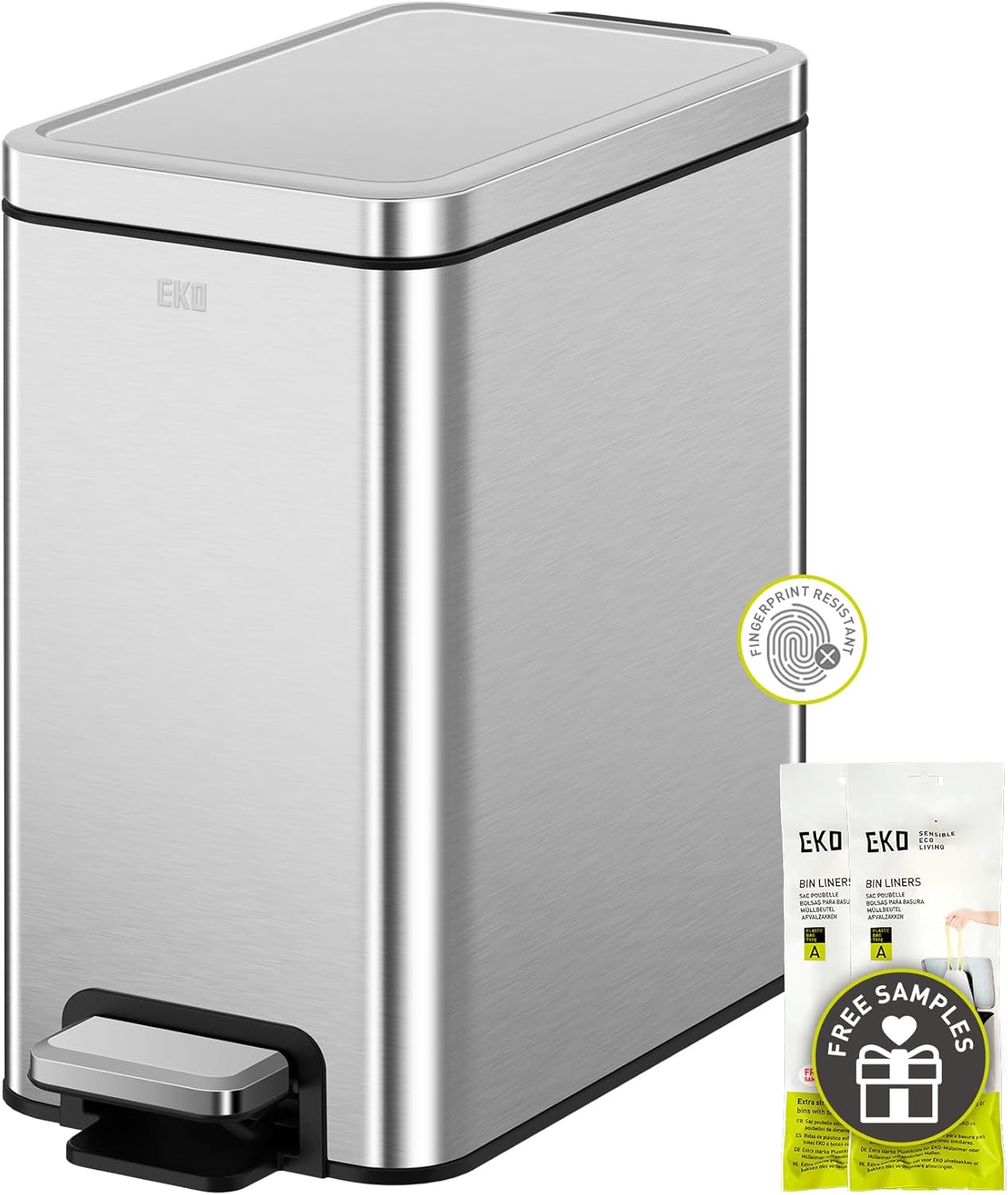 EKO Slim Small Bathroom Trash Can with Lid, Stainless Steel Kitchen Garbage Can with Removable Inner Bucket, 6L / 1.6 Gal 2 Pack Step On Trash Can Combo