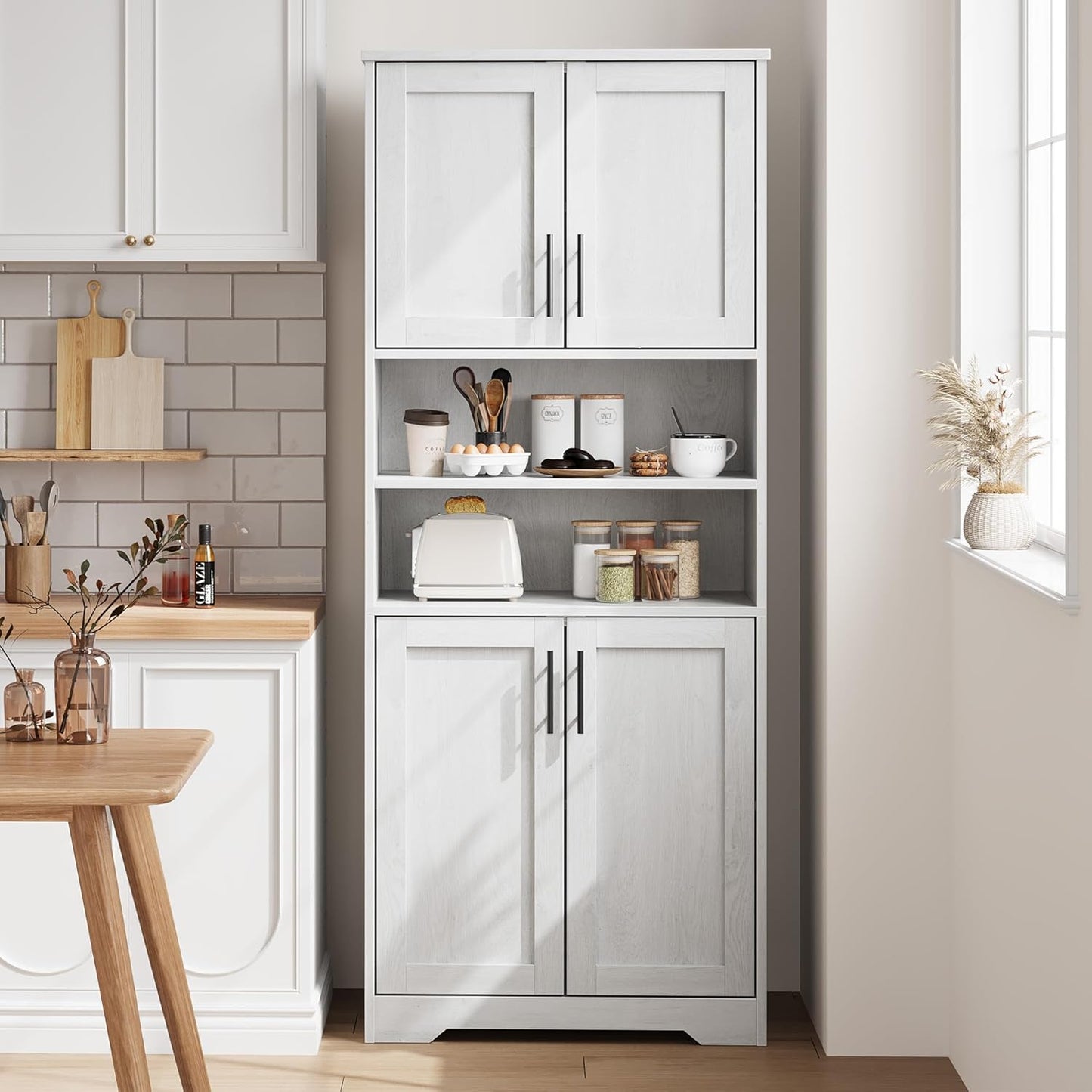 IDEALHOUSE Tall Bathroom Cabinet, Freestanding Bathroom Storage Cabinet with 4 Doors and Adjustable Shelves, 67" Cupboard Modern Storage Cabinet for Kitchen, Pantry, Living Room, Antique White