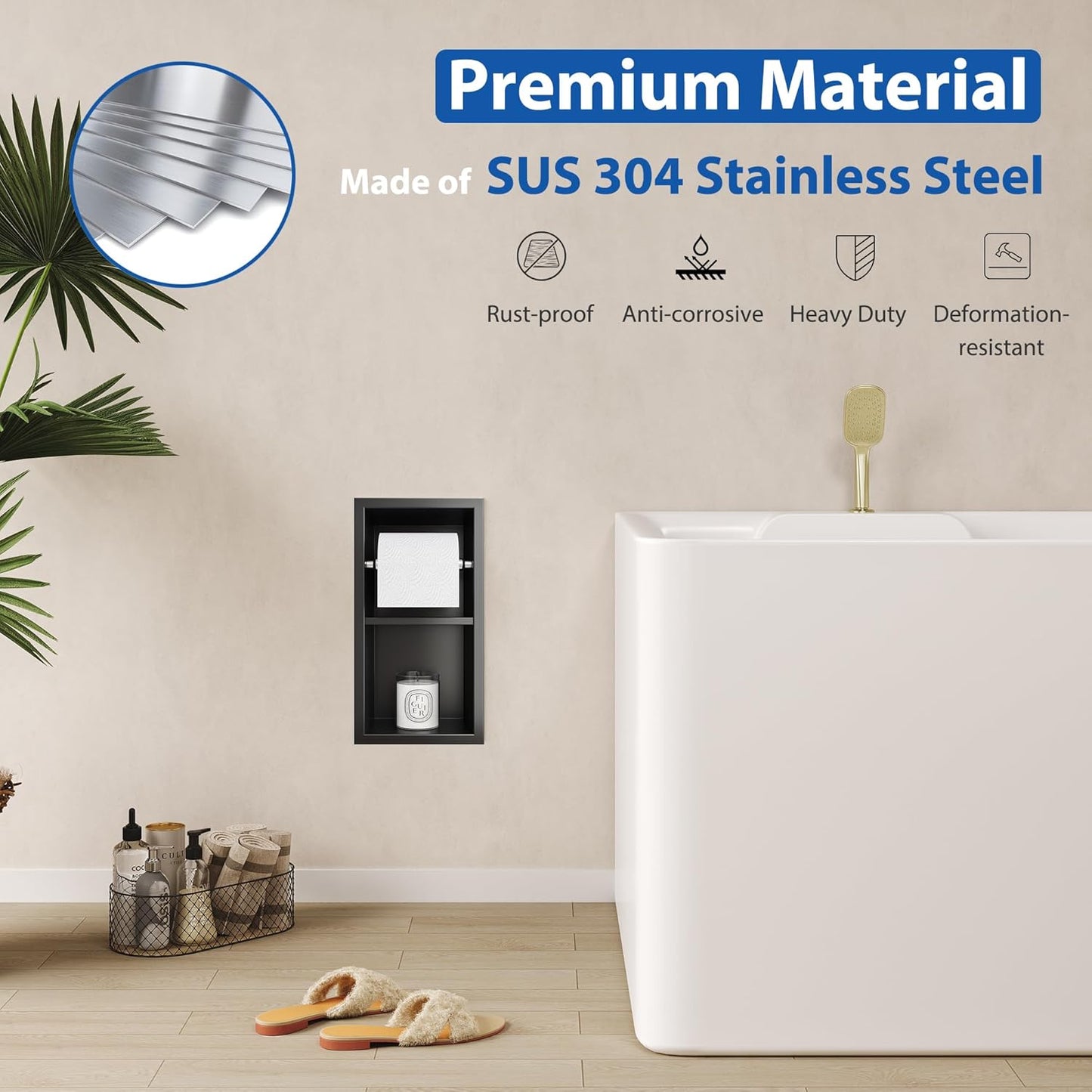 Recessed Toilet Paper Holder, 304 Stainless Steel Bathroom Toilet Paper Holder with Storage, in Wall Tissue Toilet Roll Holder, Matte Black