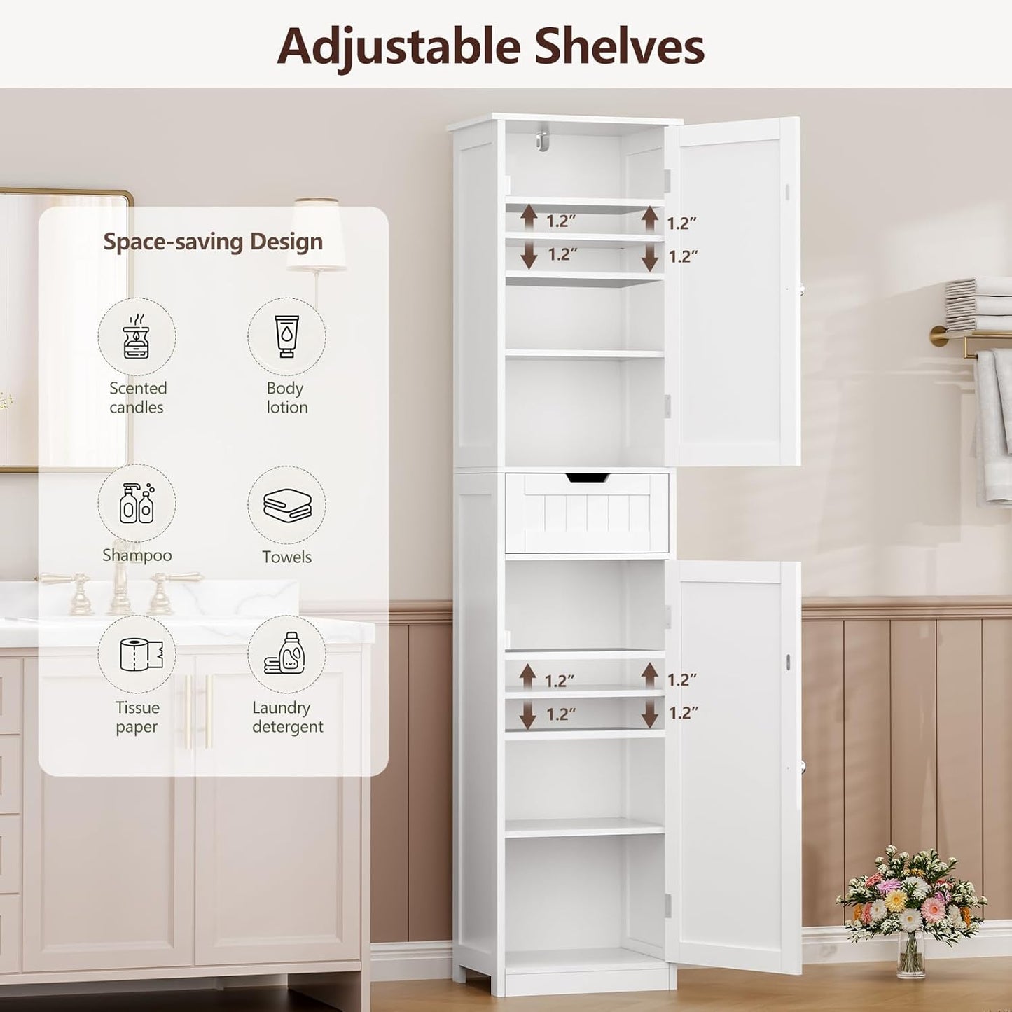 Iwell 67" Tall Bathroom Cabinet, Storage Cabinet with 2 Doors & 1 Drawer, Bathroom Storage Cabinets with Adjustable Shelves, for Living Room, Entryway, Home Office, White