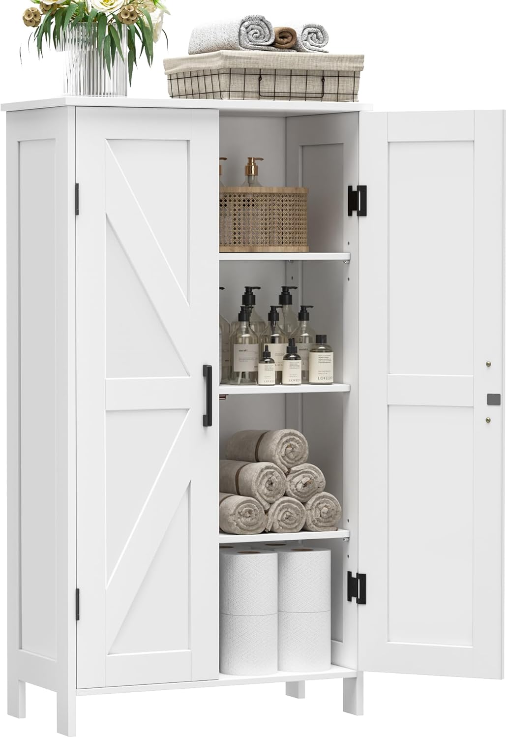 Farmhouse Bathroom Cabinet with Adjustable Shelves, Free-Standing Storage Cabinet with Barn Doors, for Kitchen, Living Room, Dining Room, Entryway, White