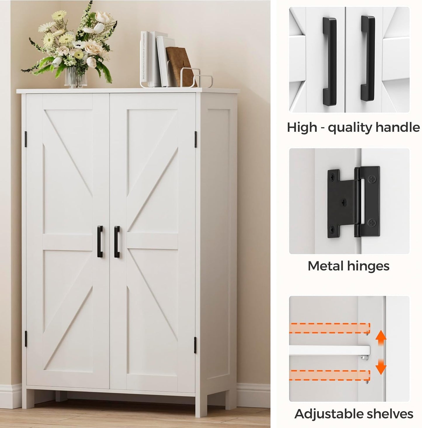 Farmhouse Bathroom Cabinet with Adjustable Shelves, Free-Standing Storage Cabinet with Barn Doors, for Kitchen, Living Room, Dining Room, Entryway, White
