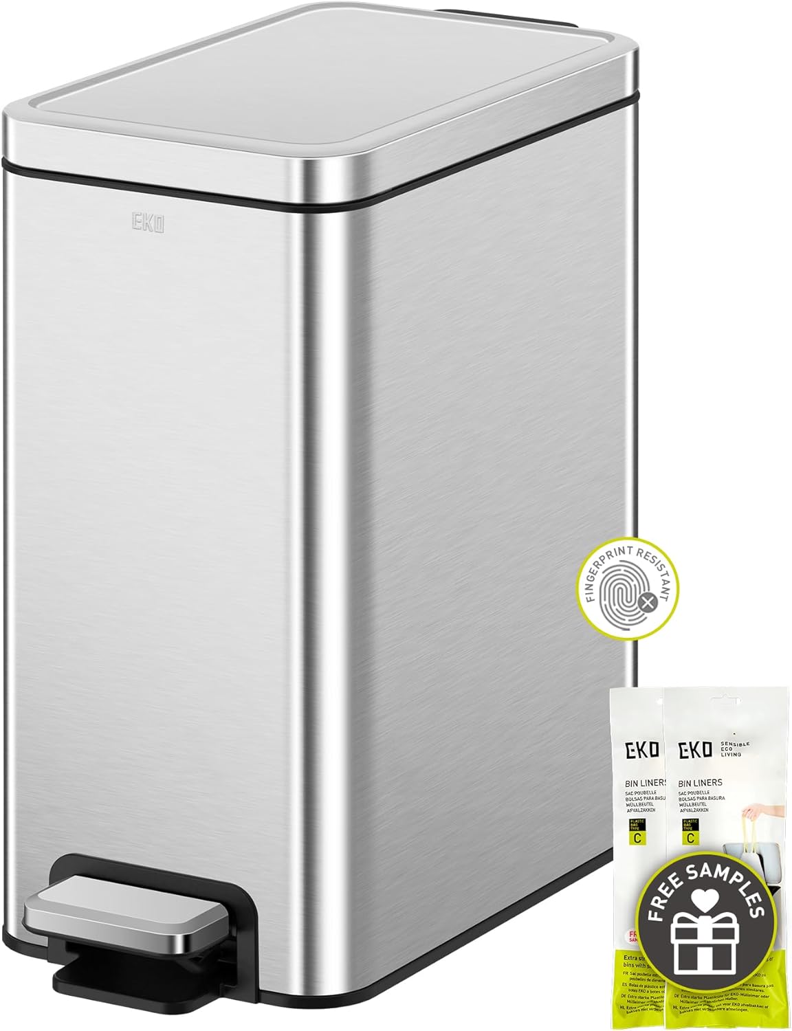 EKO Slim Small Bathroom Trash Can with Lid, Stainless Steel Kitchen Garbage Can with Removable Inner Bucket, 6L / 1.6 Gal 2 Pack Step On Trash Can Combo