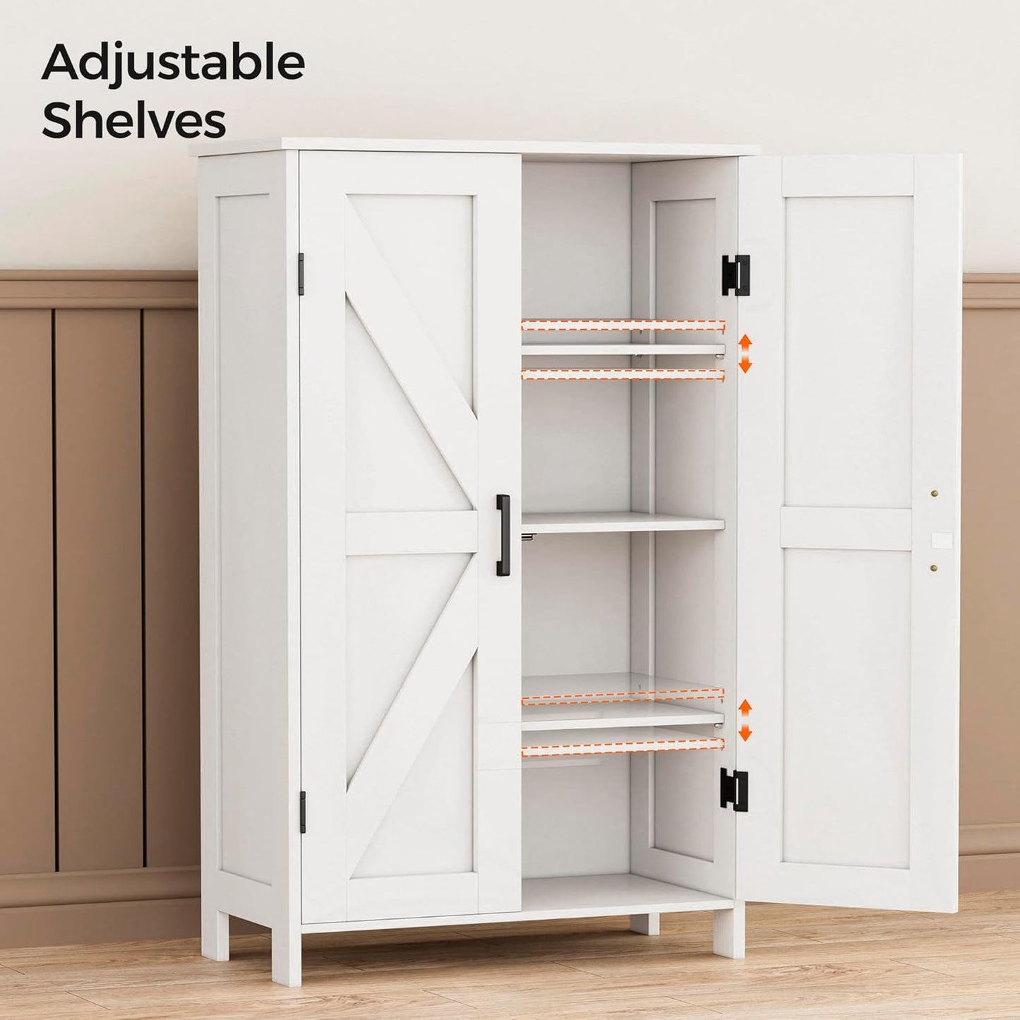 Farmhouse Bathroom Cabinet with Adjustable Shelves, Free-Standing Storage Cabinet with Barn Doors, for Kitchen, Living Room, Dining Room, Entryway, White