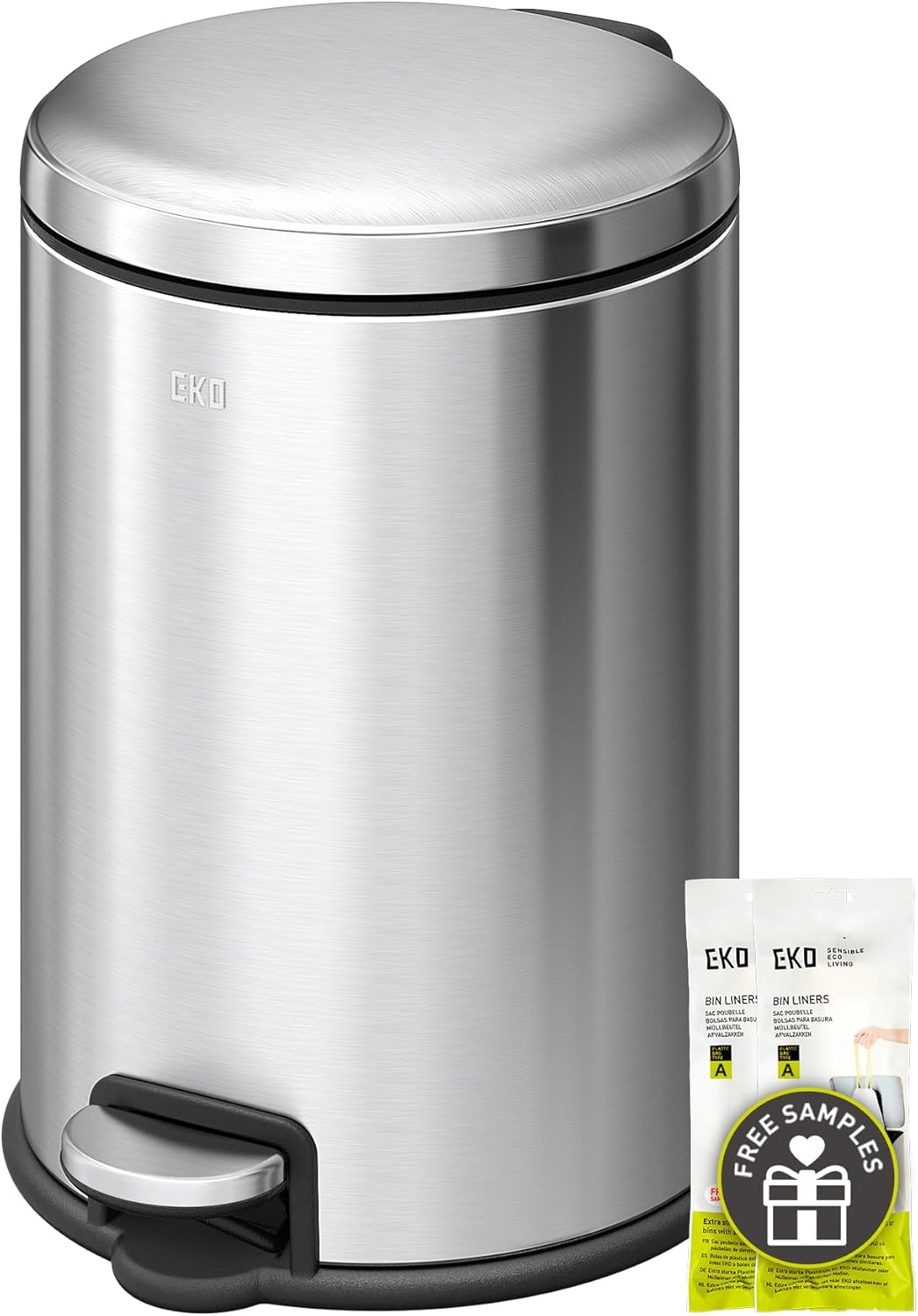 EKO Slim Small Bathroom Trash Can with Lid, Stainless Steel Kitchen Garbage Can with Removable Inner Bucket, 6L / 1.6 Gal 2 Pack Step On Trash Can Combo