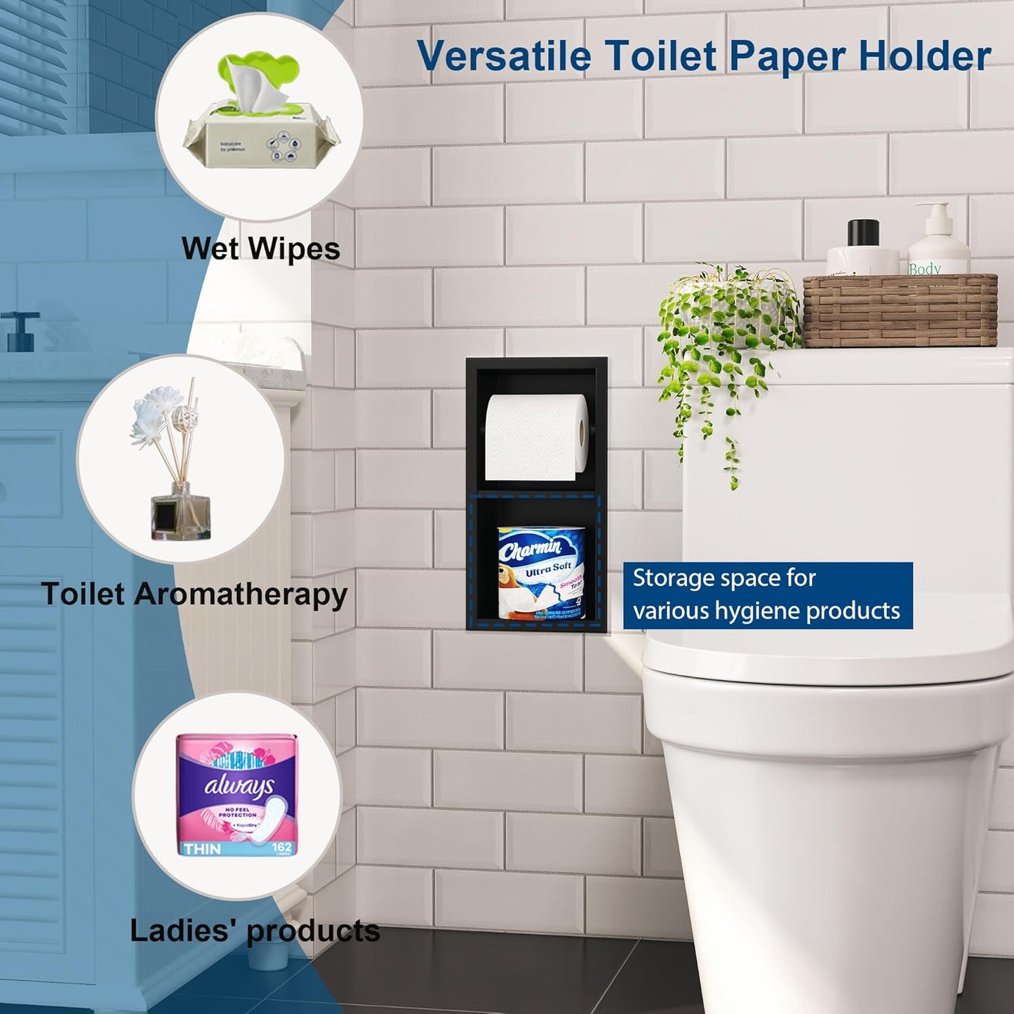 Recessed Toilet Paper Holder, 304 Stainless Steel Bathroom Toilet Paper Holder with Storage, in Wall Tissue Toilet Roll Holder, Matte Black