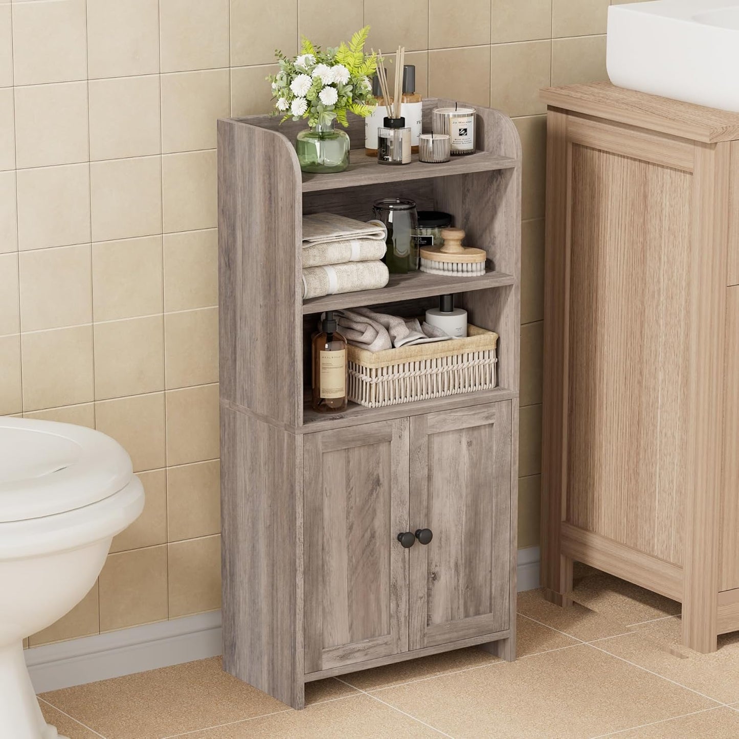 Homhedy Small Bathroom Storage Cabinet, Freestanding Toilet Paper Storage with 2 Doors and Shelves, Bathroom Organizers and Storage for Small Spaces, Laundry Room, 7.9" D x 14.6" W x 31" H, White