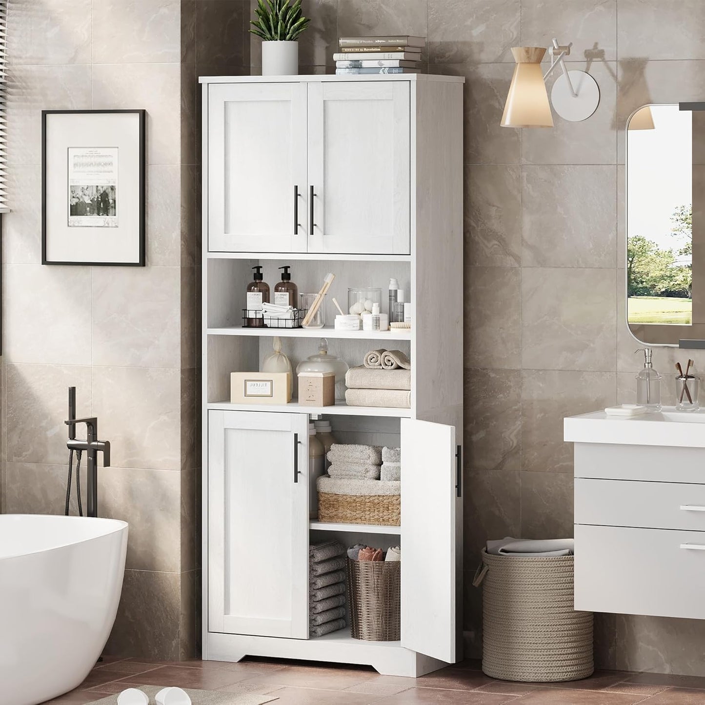 IDEALHOUSE Tall Bathroom Cabinet, Freestanding Bathroom Storage Cabinet with 4 Doors and Adjustable Shelves, 67" Cupboard Modern Storage Cabinet for Kitchen, Pantry, Living Room, Antique White