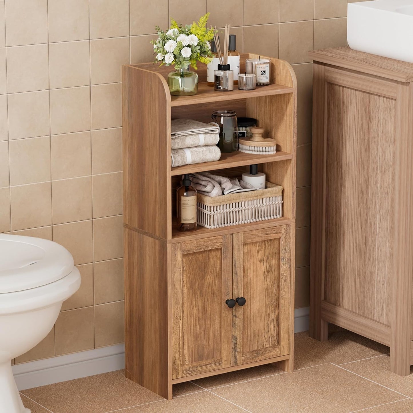 Homhedy Small Bathroom Storage Cabinet, Freestanding Toilet Paper Storage with 2 Doors and Shelves, Bathroom Organizers and Storage for Small Spaces, Laundry Room, 7.9" D x 14.6" W x 31" H, White