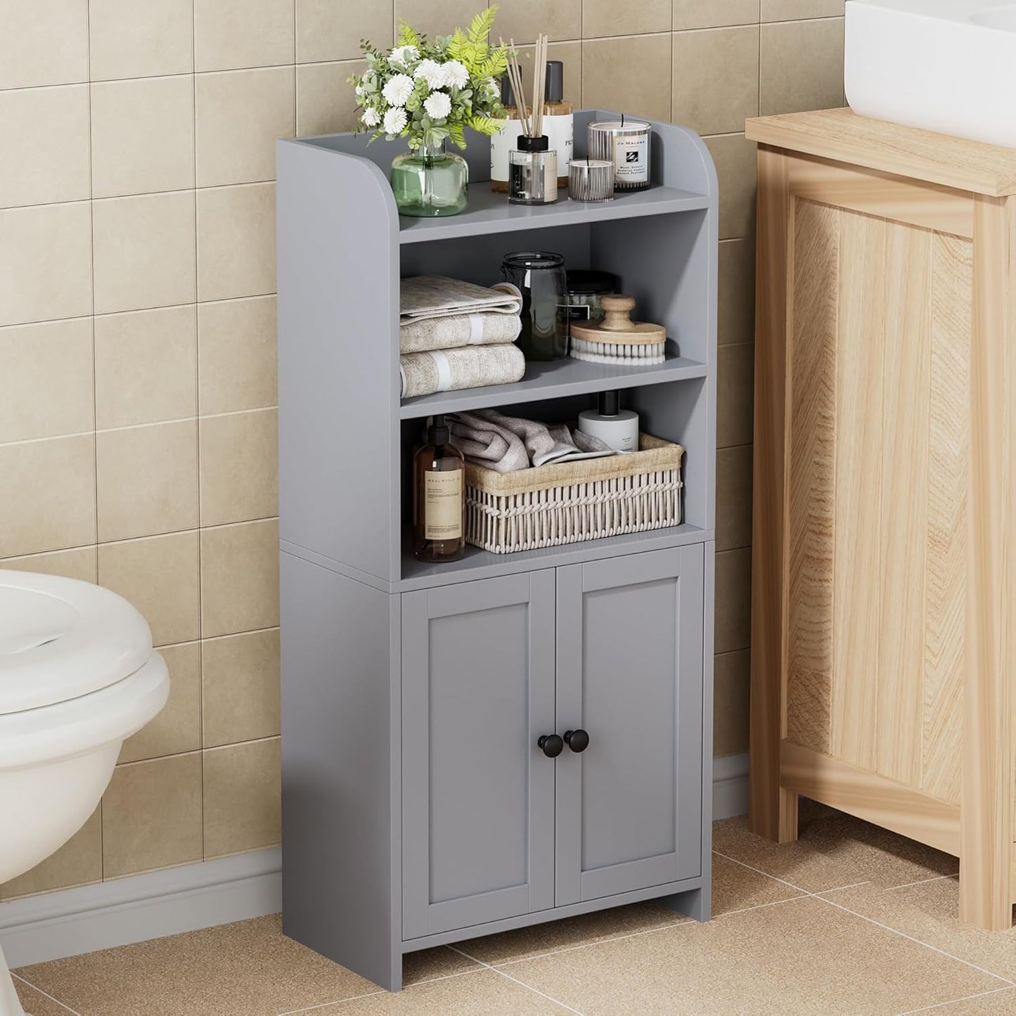 Homhedy Small Bathroom Storage Cabinet, Freestanding Toilet Paper Storage with 2 Doors and Shelves, Bathroom Organizers and Storage for Small Spaces, Laundry Room, 7.9" D x 14.6" W x 31" H, White