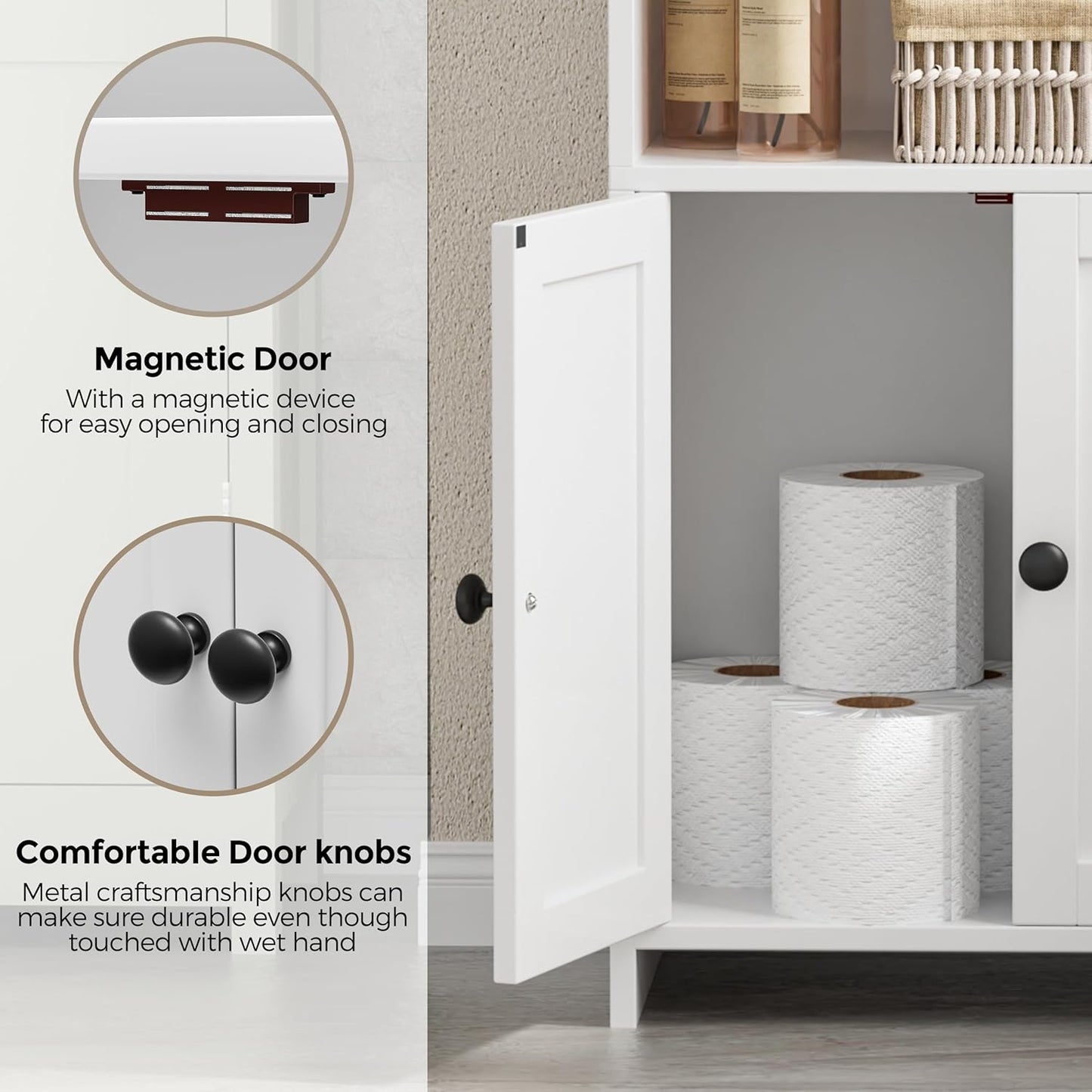 Homhedy Small Bathroom Storage Cabinet, Freestanding Toilet Paper Storage with 2 Doors and Shelves, Bathroom Organizers and Storage for Small Spaces, Laundry Room, 7.9" D x 14.6" W x 31" H, White
