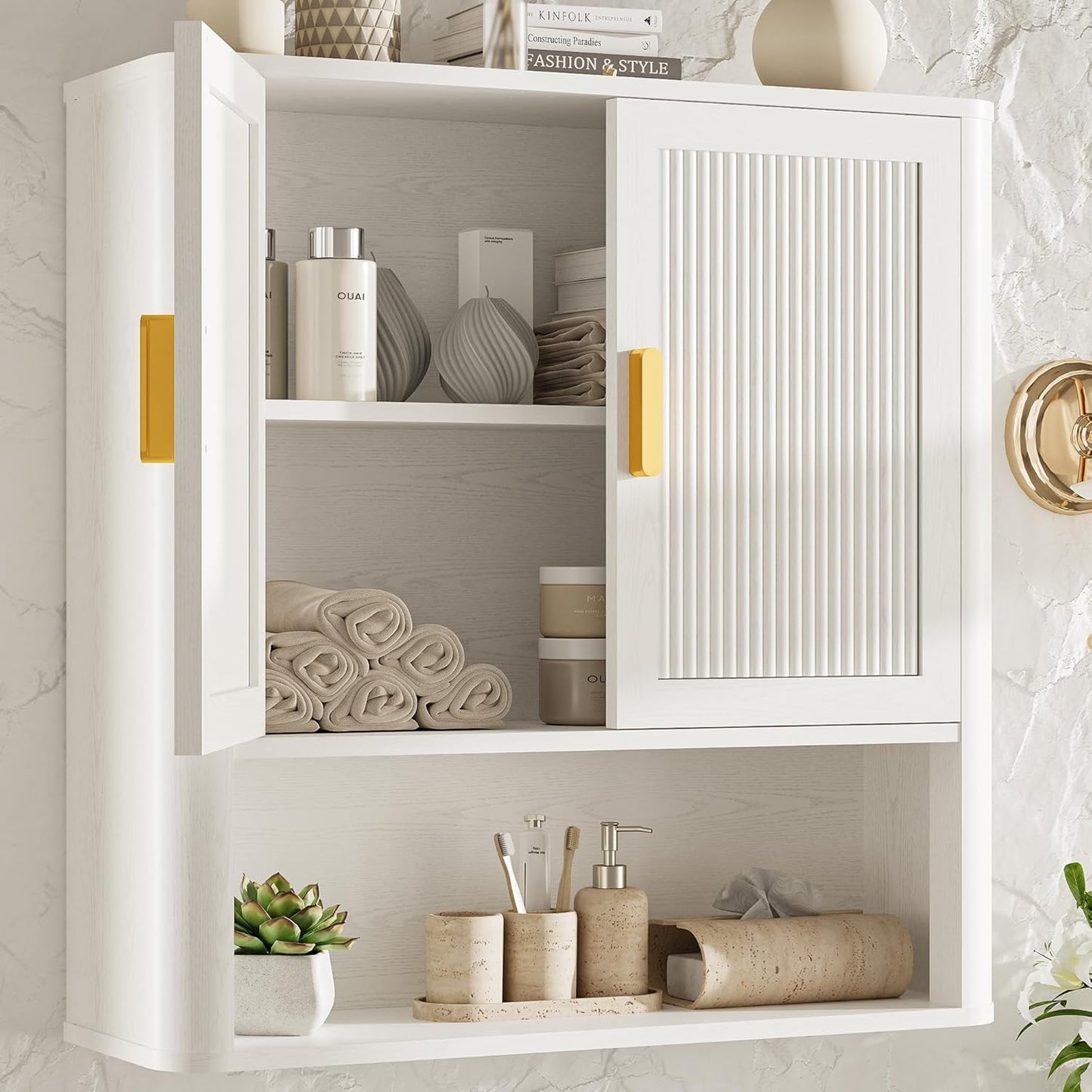 Bathroom Storage Cabinet, Medicine Cabinet with Adjustable Wood Shelf & Doors, Over The Toilet Storage Cabinet for Laundry Room & Kitchen & Living Room (Natural Oak)