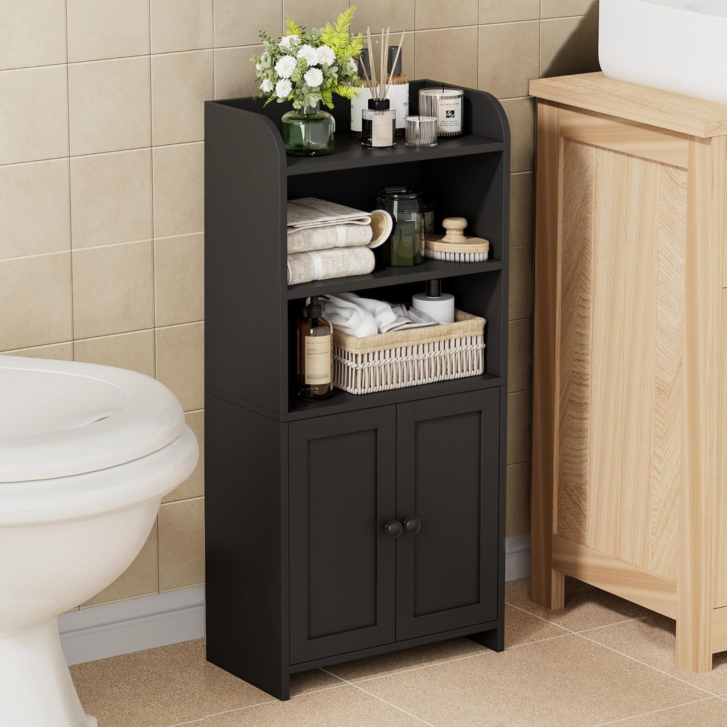 Homhedy Small Bathroom Storage Cabinet, Freestanding Toilet Paper Storage with 2 Doors and Shelves, Bathroom Organizers and Storage for Small Spaces, Laundry Room, 7.9" D x 14.6" W x 31" H, White