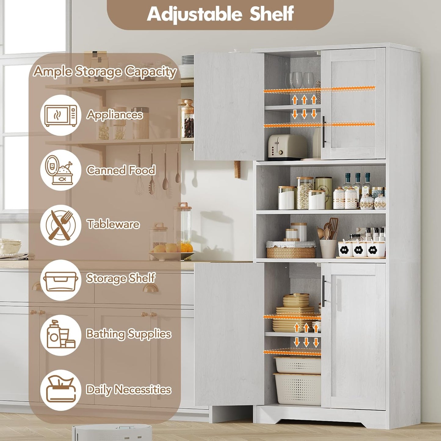 IDEALHOUSE Tall Bathroom Cabinet, Freestanding Bathroom Storage Cabinet with 4 Doors and Adjustable Shelves, 67" Cupboard Modern Storage Cabinet for Kitchen, Pantry, Living Room, Antique White
