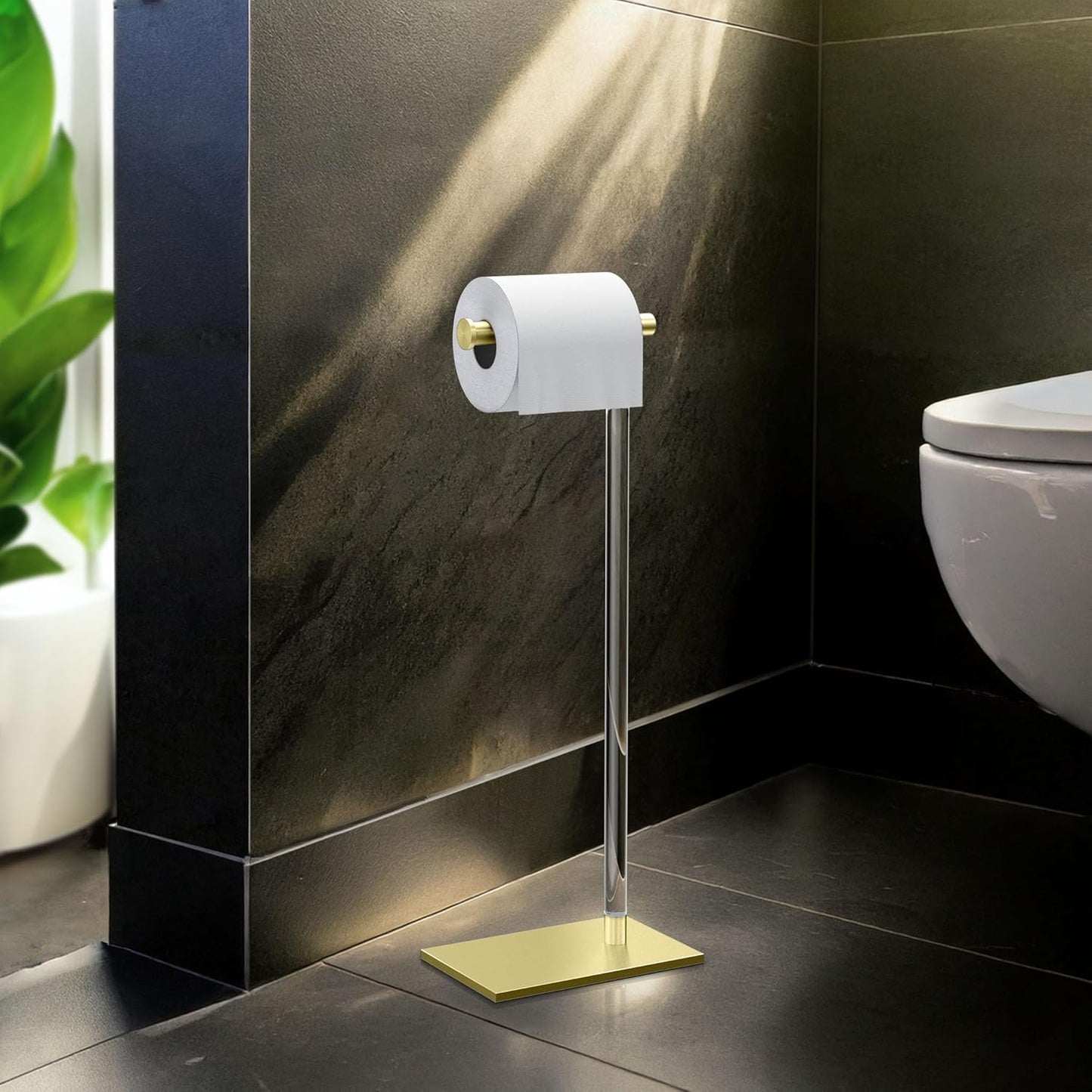 Gatco 1331B Modern Rectangle Base Freestanding Toilet Paper Holder 22.25" Brushed Brass/Acrylic with Weighted Base