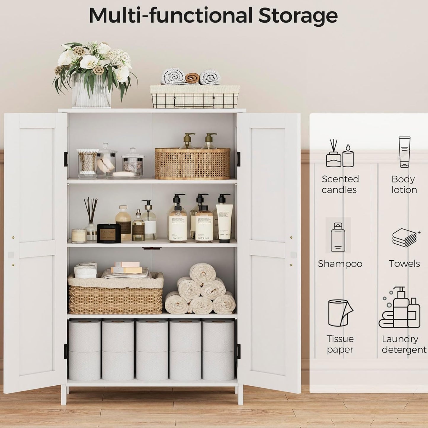 Farmhouse Bathroom Cabinet with Adjustable Shelves, Free-Standing Storage Cabinet with Barn Doors, for Kitchen, Living Room, Dining Room, Entryway, White