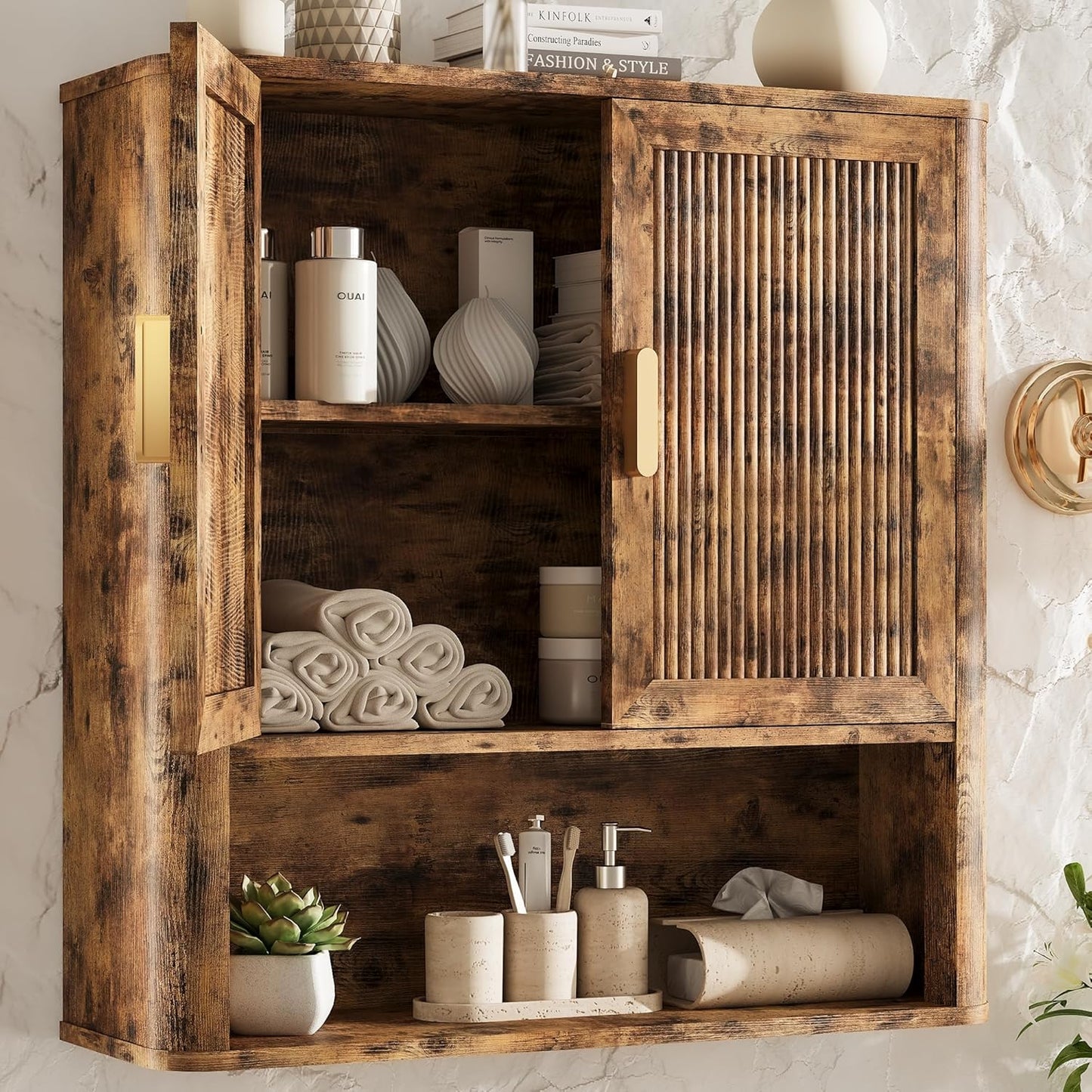 Bathroom Storage Cabinet, Medicine Cabinet with Adjustable Wood Shelf & Doors, Over The Toilet Storage Cabinet for Laundry Room & Kitchen & Living Room (Natural Oak)