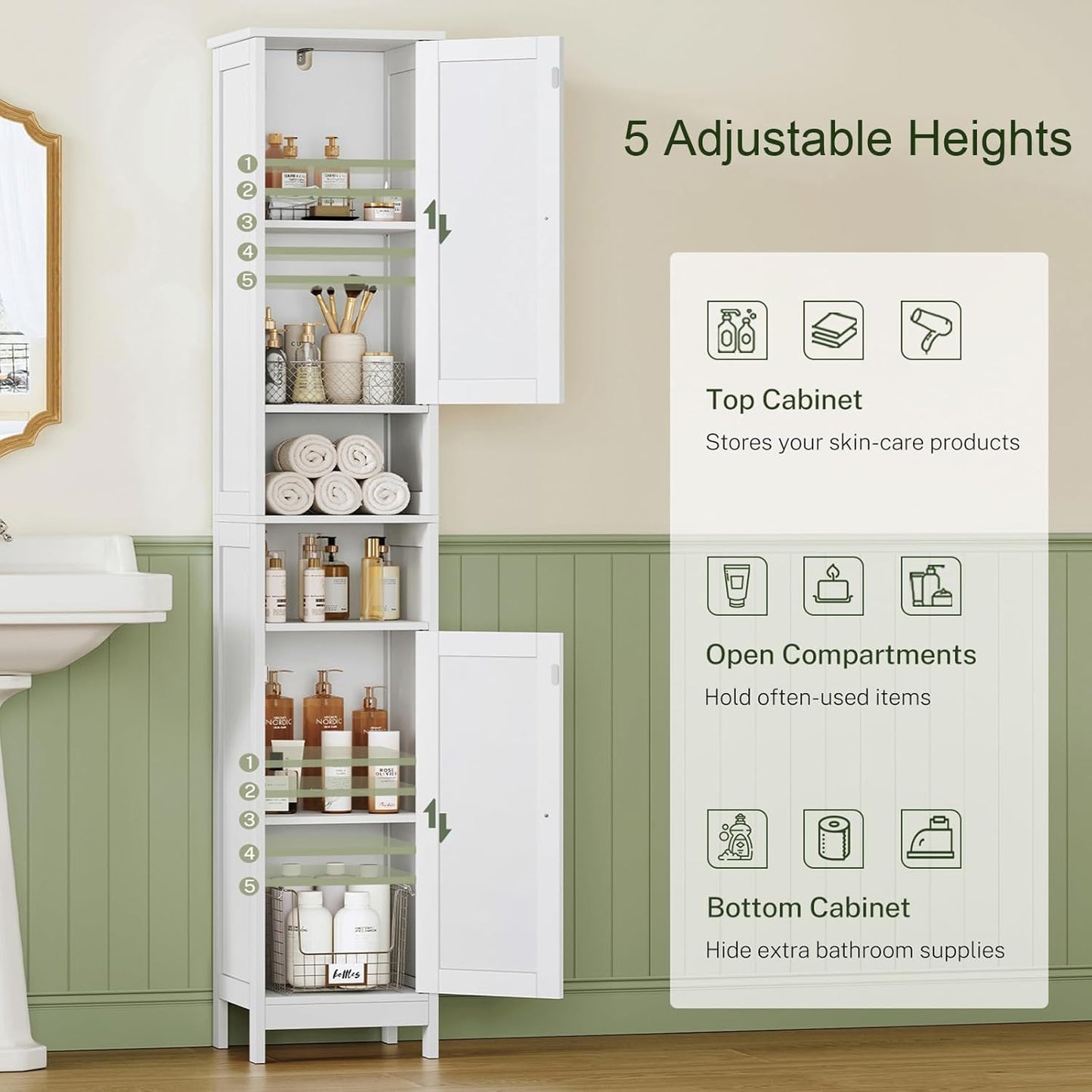 TEENFON 67" Tall Bathroom Cabinet with Adjustable Shelves and Doors, Narrow Bathroom Storage Cabinet for Small Space, Living Room, Entryway, Kitchen, White