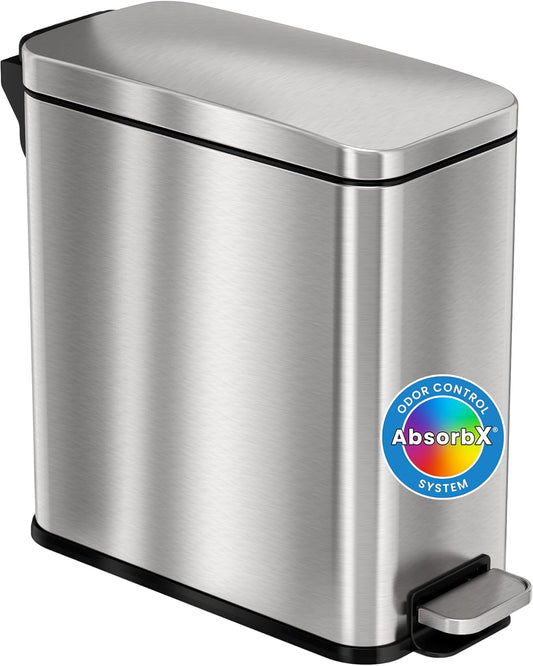 iTouchless 11.4 Liter / 3 Gallon SoftStep Bathroom Trash Can with Lid & AbsorbX Odor Filter – Slim Stainless Steel Wastebasket with Removable Inner Bucket for Small Spaces, Home, Office, Bedroom