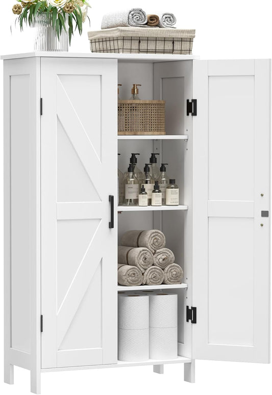 Farmhouse Bathroom Cabinet with Adjustable Shelves, Free-Standing Storage Cabinet with Barn Doors, for Kitchen, Living Room, Dining Room, Entryway, White