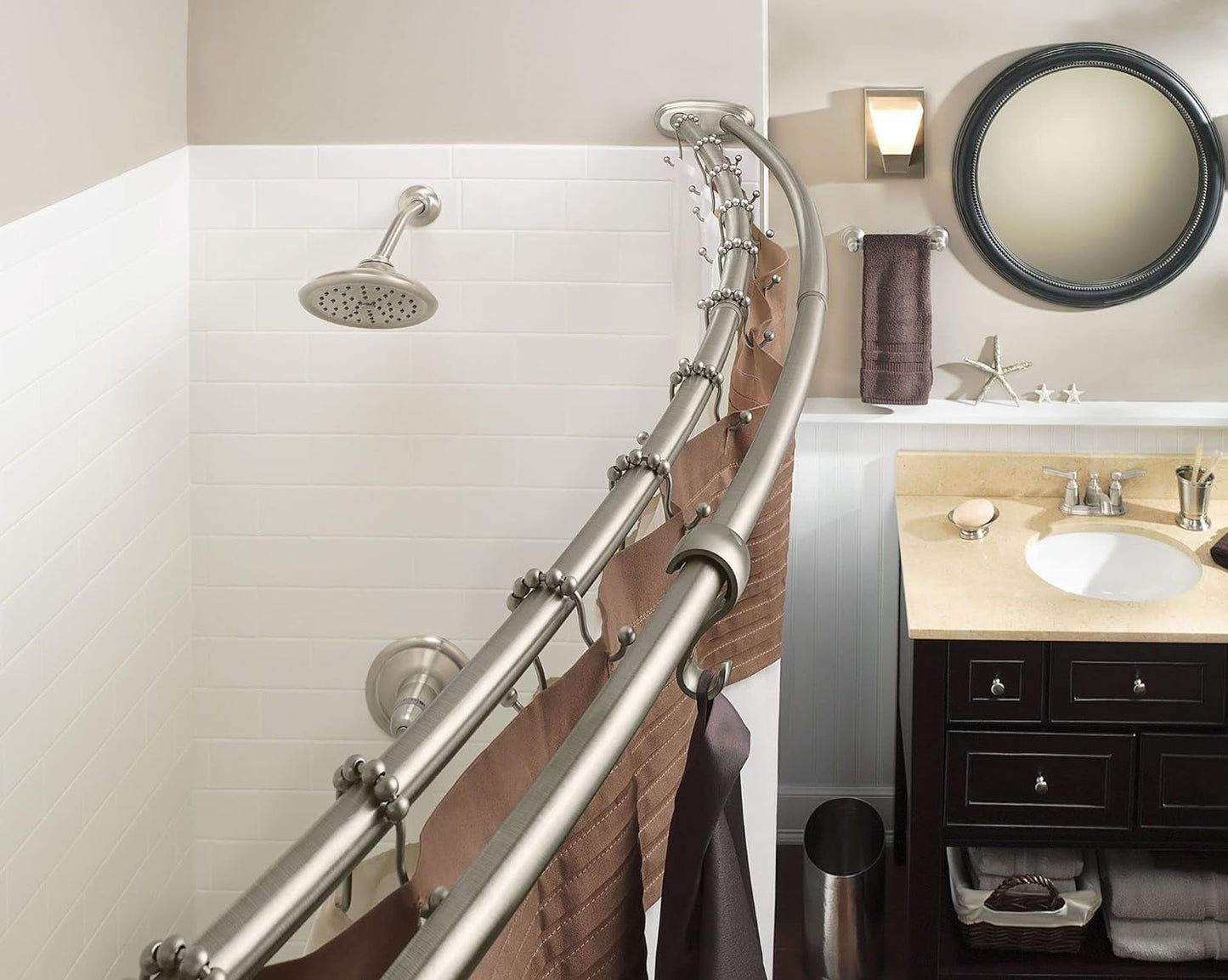 Moen Matte Black Adjustable 57 to 60-Inch Double Curved Shower Rod, Permanent Wall Mounted Shower Curtain Rod, DN2141BL